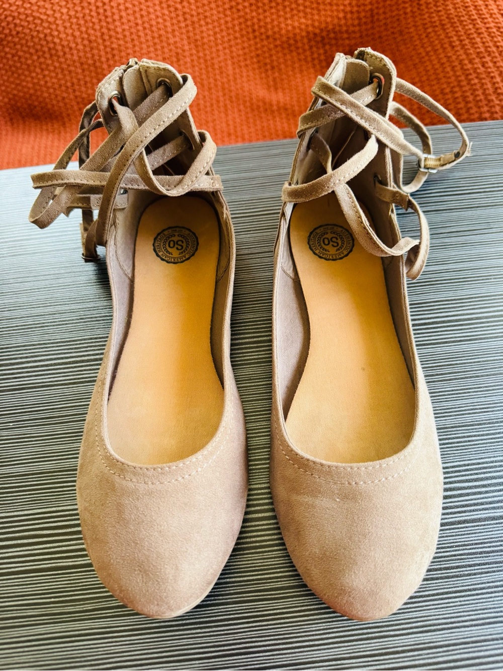 SO Women's Tan Suede Lace-Up Ballet Flats
